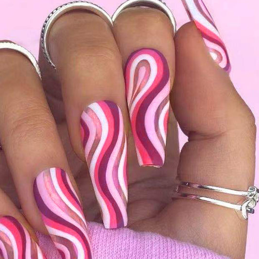 Swirled Ice Cream Long Coffin Pink Bold Press On Nails