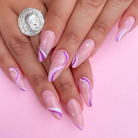 Swirl Short Oval Pink Pattern Press On Nails