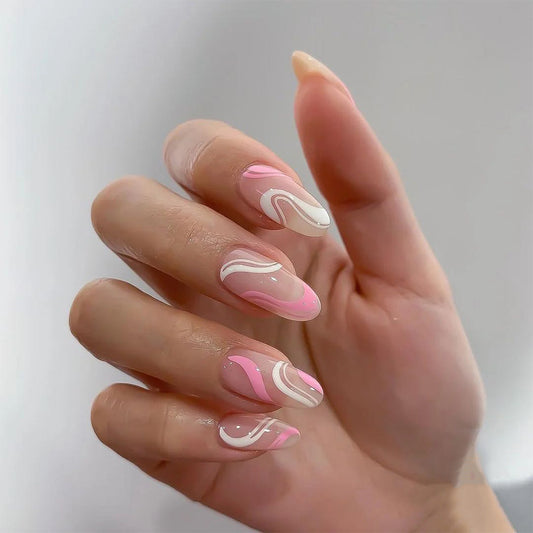 Playing Together Long Oval Pink Abstract Press On Nails