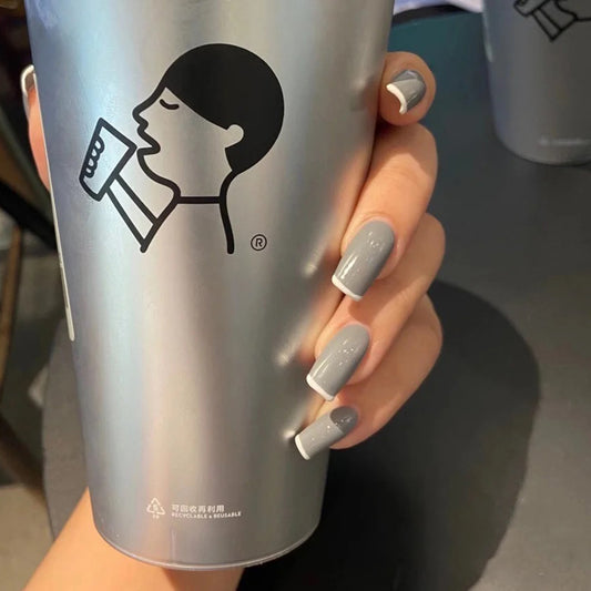 Gloomy Long Square Gray French Tips Press On Nails