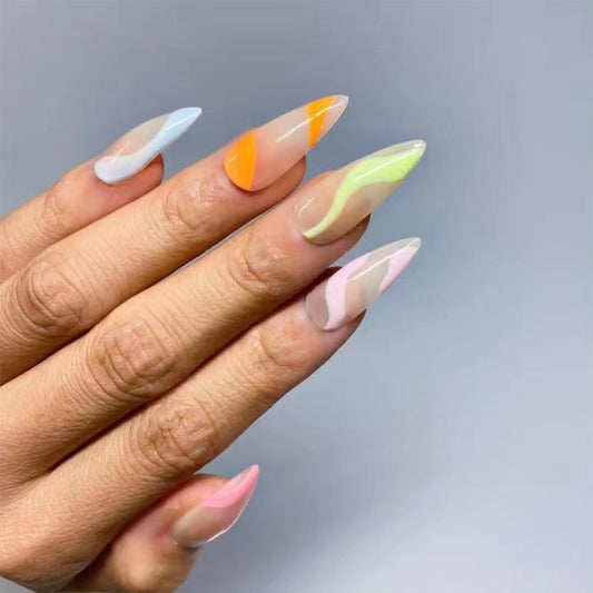 Rainbow Sherbet Long Almond Beige Abstract Press On Nails