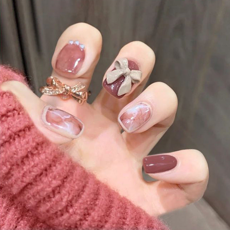 Autumn Elegance Medium-Length Square Press-On Nails in Maroon with Marble Accent and Bow Design