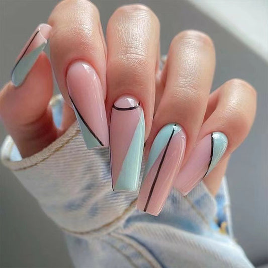 Pinky Turquoise Pop Long Coffin Pink Abstract Press On Nails