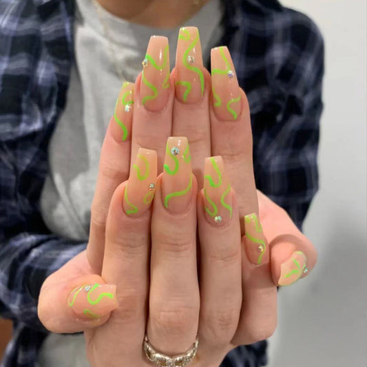 Lime Squiggle Long Coffin Green Abstract St. Patrick's Day Press On Nails