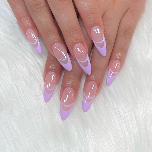 Cat Eye Long Almond Purple Pattern Press On Nails