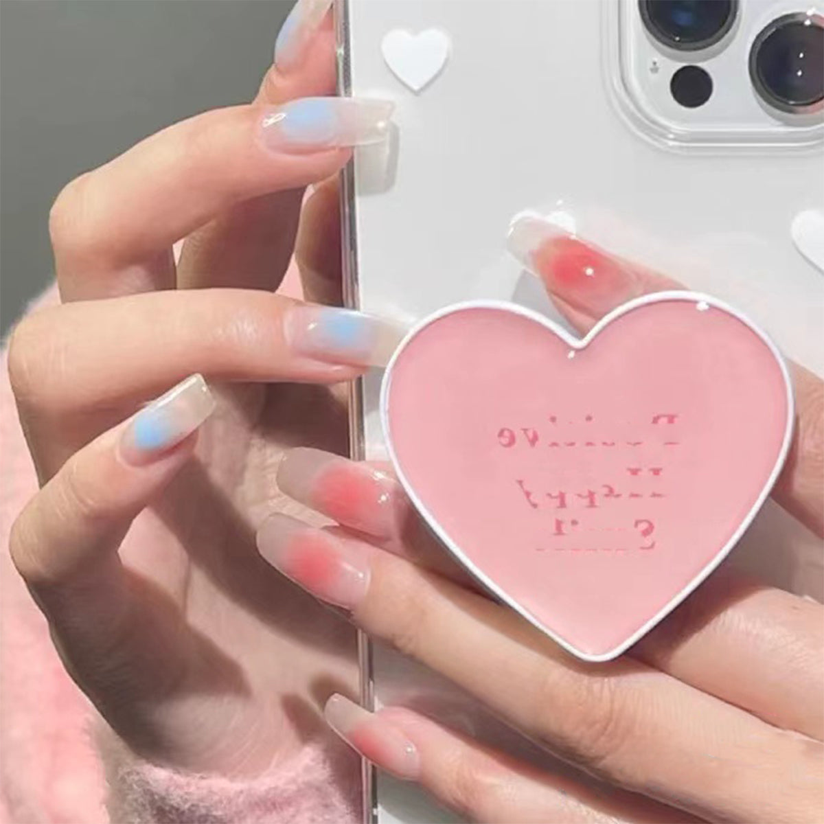 Blue-Pink Glow Long Square Beige Pink Jelly Press On Nails