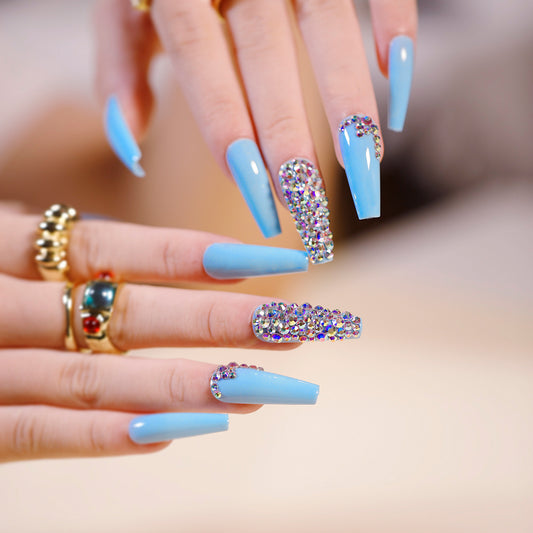 Disco Pep Long Coffin Blue Studded Press On Nails