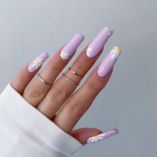 Purple Flower Basket Long Square Purple Spring Press On Nails
