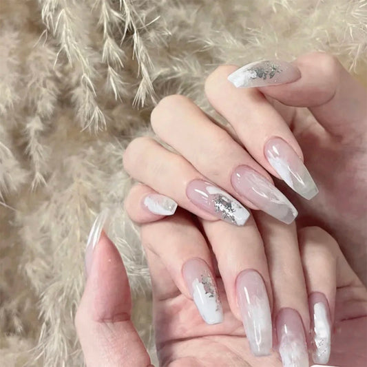 Misty Fog Long Coffin White Abstract Press On Nails