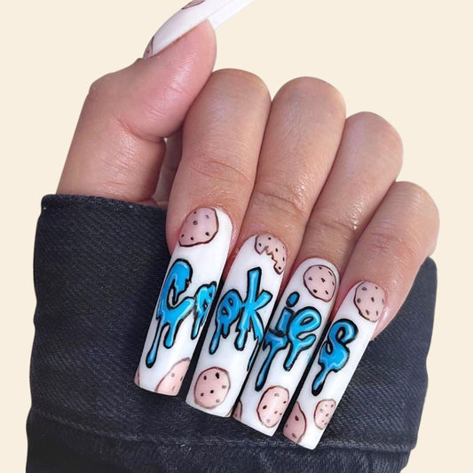 Milk N Cookies Long Square White Cartoon Press On Nails