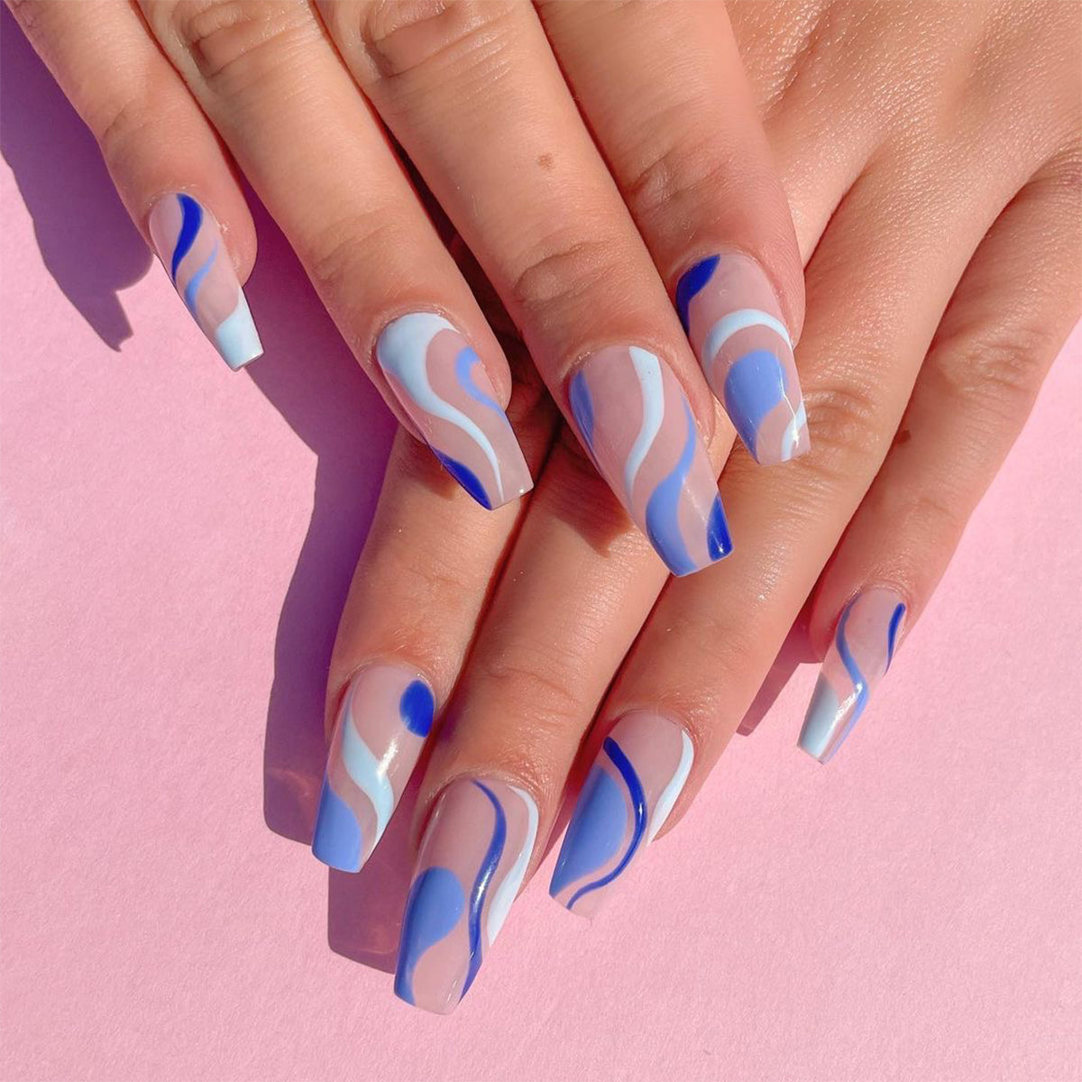 Deep Sea Diving Long Coffin Blue Abstract Press On Nails