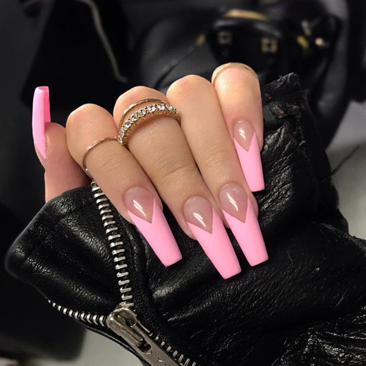 Big Ol Tip Long Coffin Pink French Tips Press On Nails