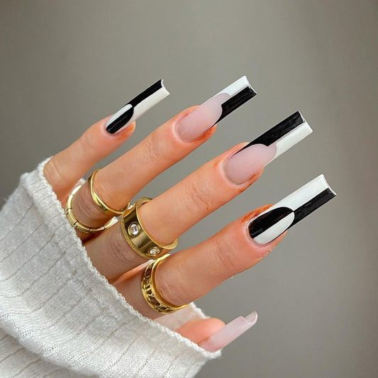 Proper Parallel Long Square White Pattern Press On Nails