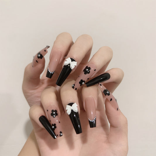 Shady Princess Long Coffin Black Pattern Press On Nails