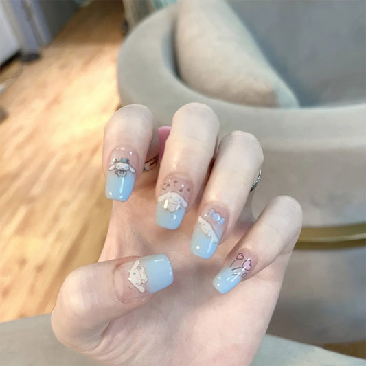 Cute Character Crush Long Square Blue Cartoon Press On Nails