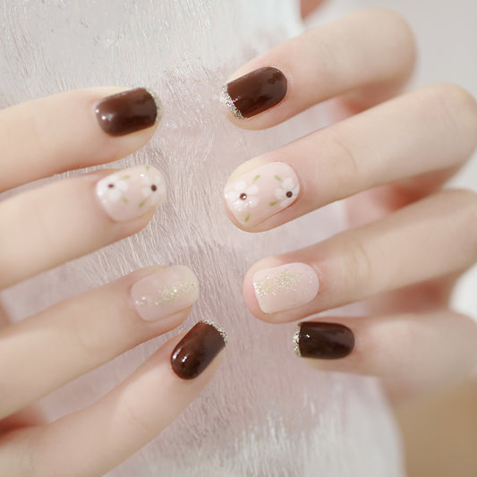 Garden Ready Short Square Brown Glitter Press On Nails