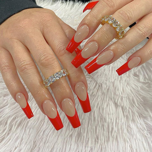 Convertible Long Square Red French Tips Press On Nails