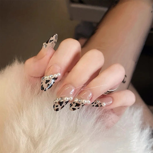 Pearl Cow Long Almond Beige Studded Press On Nails