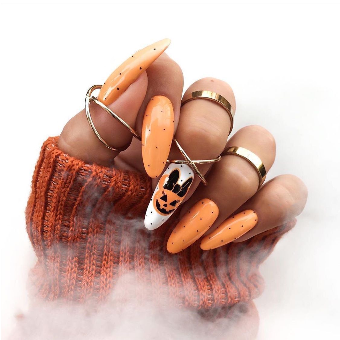 Autumn Elegance Long Oval Orange Press On Nail Set with Halloween Accent Design