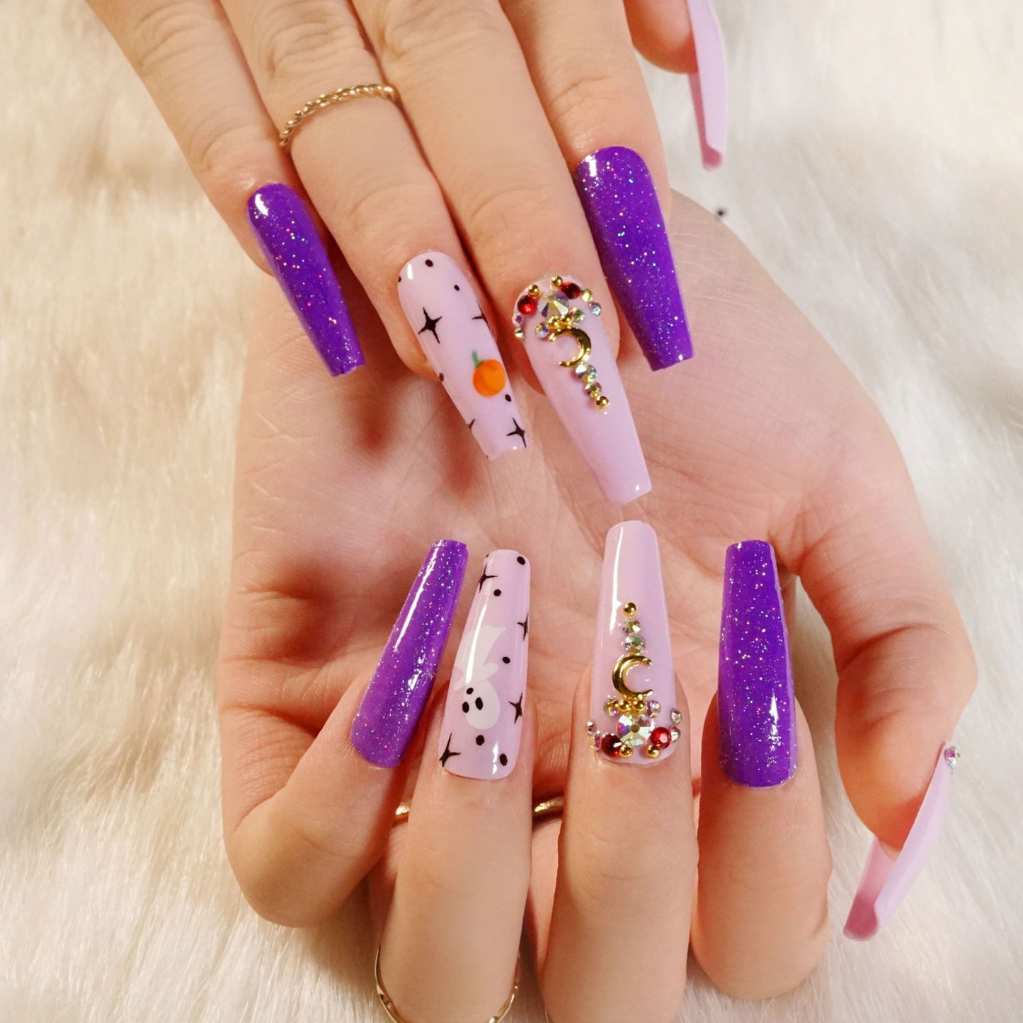 Enchanted Evening Long Coffin Shape Purple Press On Nail Set with Glitter Accent and Rhinestone Embellishments