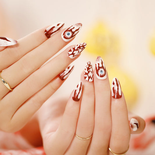Bohemian Chic Medium Almond Brown Press On Nails with Eye-Catching Gaze Design