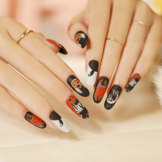 Halloween Spirit Long Oval Black and Orange Press On Nails with Spooky Artwork Design