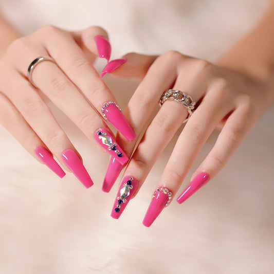 Mining For Jewels Long Coffin Pink Studded Press On Nails