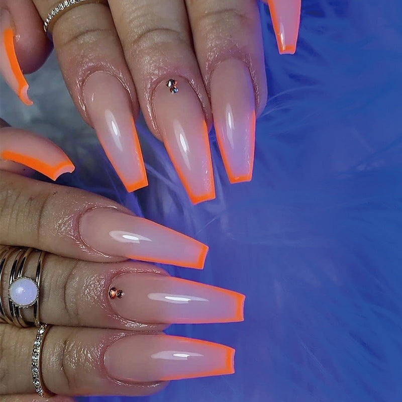 Sunset Glow Long Coffin Orange Ombr≈Ω Press On Nail Set with Rhinestone Accents