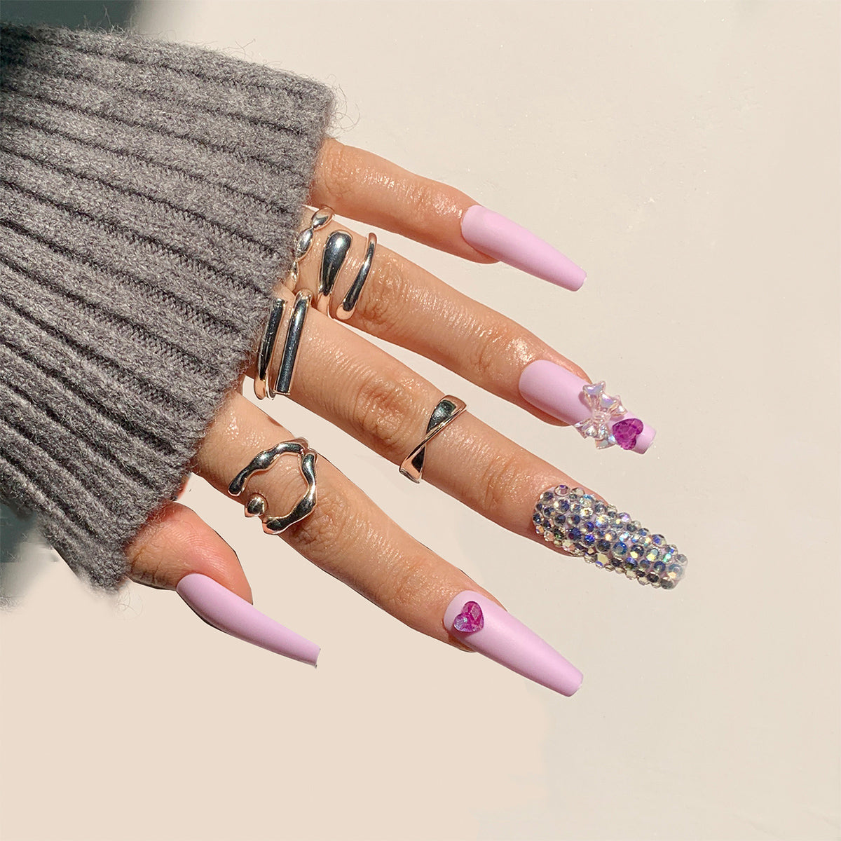 Stay Away Long Coffin Pink Studded Press On Nails