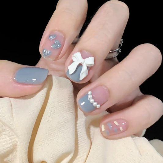 Prancing Short Square Blue Bow Press On Nails