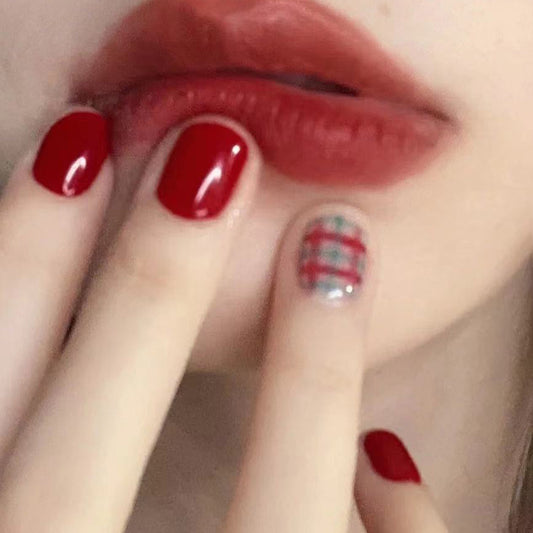 Plaid Short Square Red Winter Press On Nails