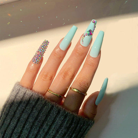No Shade Long Coffin Blue Studded Press On Nails