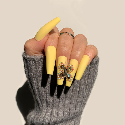 Butterfly PLanet Long Coffin Beige Studded Press On Nails