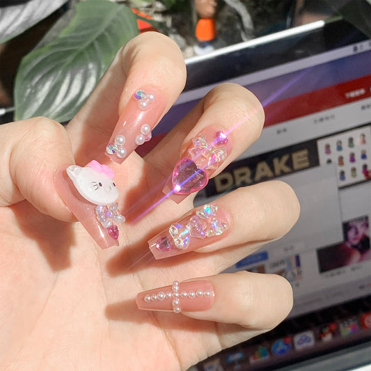 Cute Kitty Long Coffin Nude Cute Fake Nails