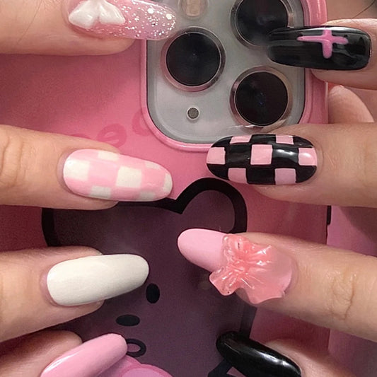 Racing Baby Long Oval Pink Checkered Press On Nails
