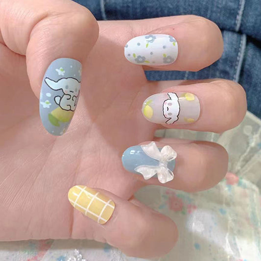 Spring Fling Medium Oval Pastel Multicolor Press On Nails with Adorable Bunny and Floral Accents