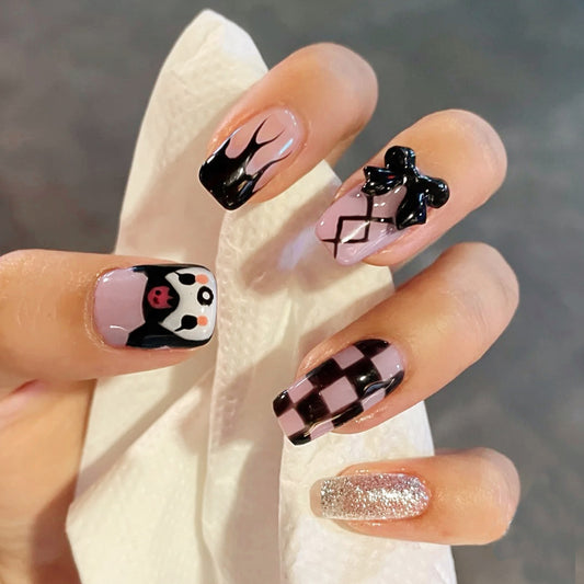Cute Darkness Long Square Black Cartoon Press On Nails