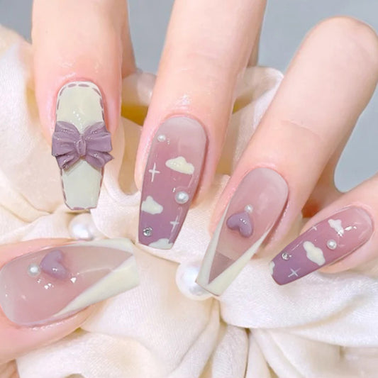 Dreamy Oasis Long Coffin Purple Bow Press On Nails