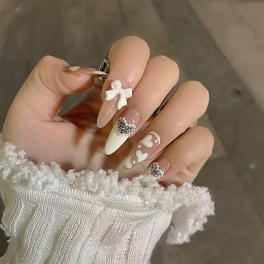 Cute Cute Cute Long Oval White Bow Press On Nails
