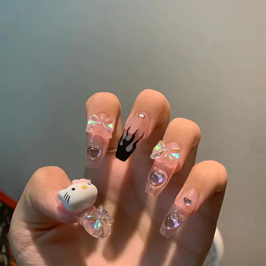 Hello Kitty Attached Long Coffin Pink Animal Fake Nails