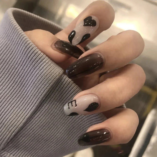 Endless Long Oval Brown Hearts Press On Nails