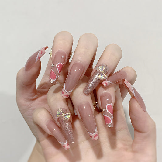 Animated Hearts Long Coffin Beige Bold Press On Nails