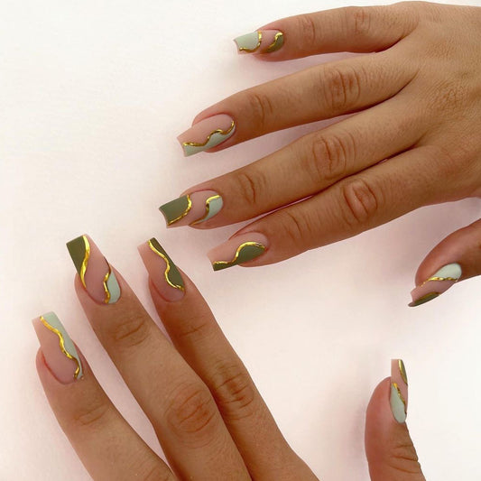Shock Em Babe Long Coffin Green Abstract St. Patrick's Day Press On Nails