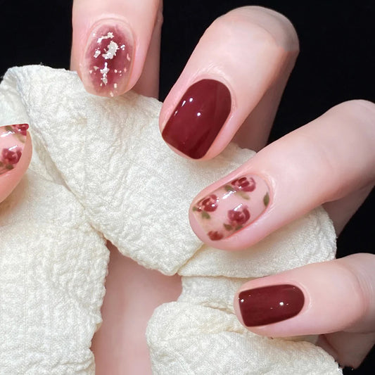Roses Poses Short Square Red Jelly Press On Nails