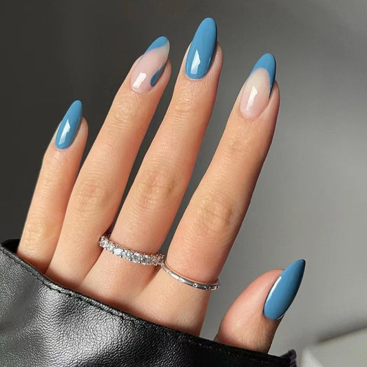 Basic Blue Long Oval Blue Everyday Press On Nails