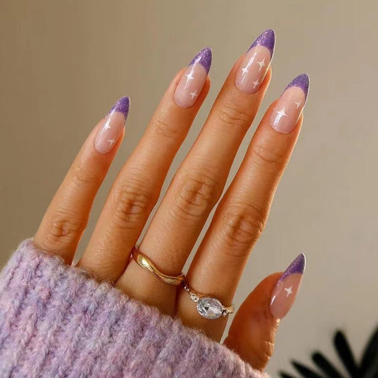 Violet Shine Long Oval Purple French Tips Press On Nails