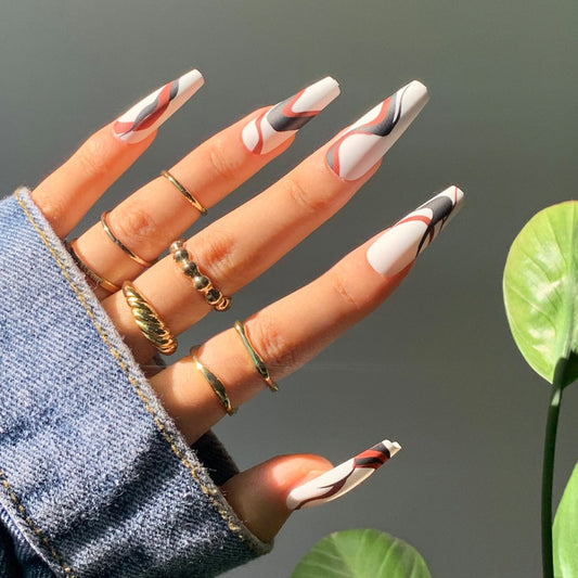 Parade Time Long Coffin White Abstract Press On Nails