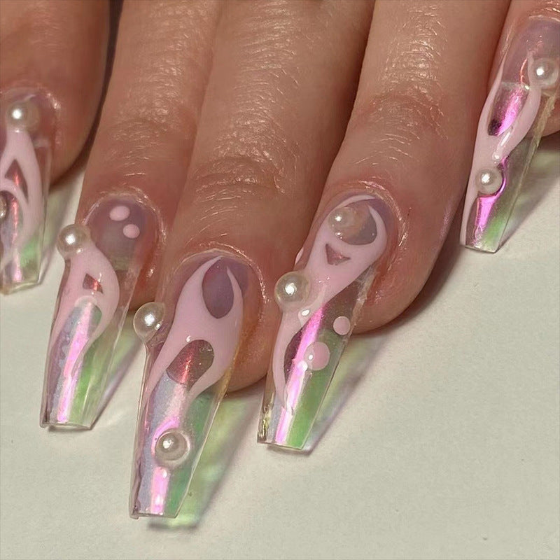 Futuristic Glow Extra Long Coffin Iridescent Pink Press On Nail Set with Embedded Pearls