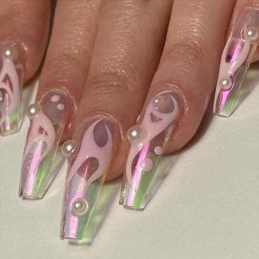 Futuristic Glow Extra Long Coffin Iridescent Pink Press On Nail Set with Embedded Pearls