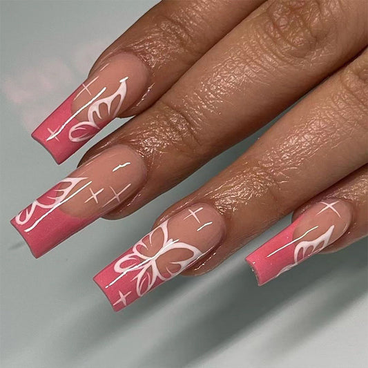Fly Away Long Square Pink Cute Press On Nails